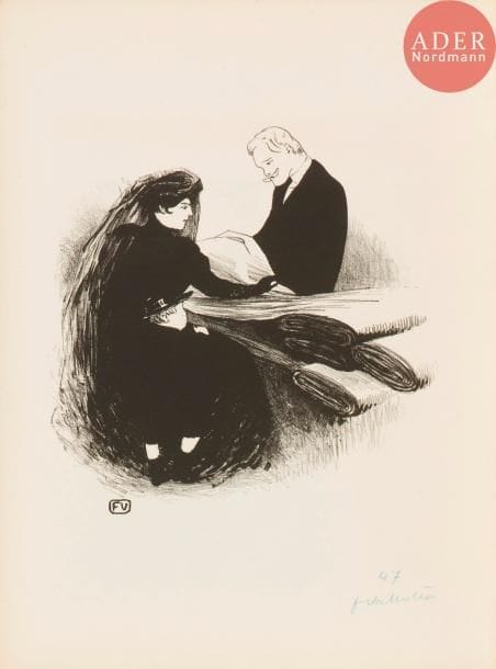 Félix Vallotton (1865-1925)
Dernière nouveauté. 1893. Lithographie. 217 x 215. Vallotton et Goerg 44. Très belle épreuve sur vélin glacé crème, numérotée et signée au crayon bleu. Fine bande d’empousiérage en tête du feuillet. Toutes marges. Tirage à 100 épreuves. (Pl. reproduite dans L’Escarmouche du 31 décembre 1893).