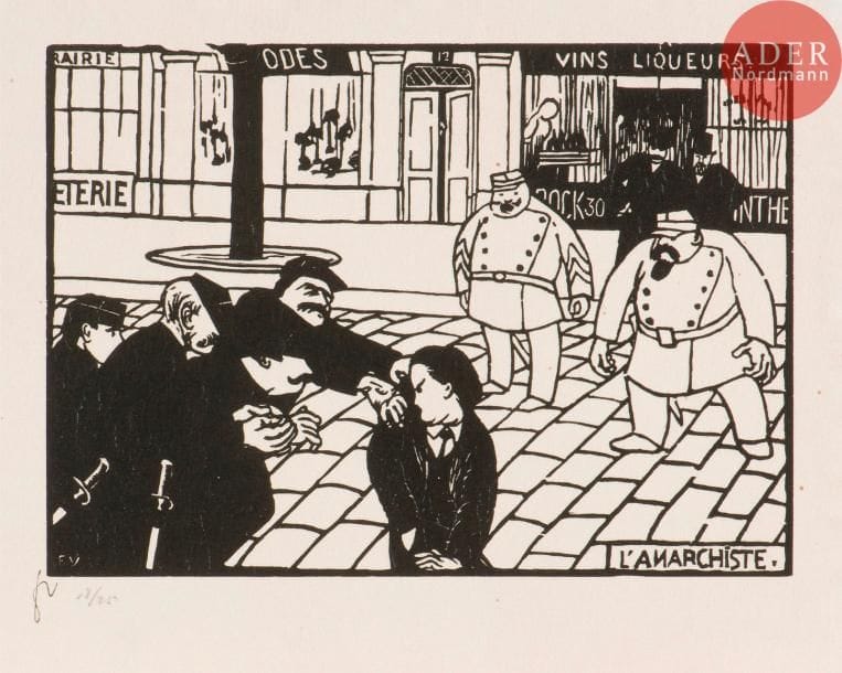 Félix Vallotton (1865-1925)
L’Anarchiste. 1893. Bois gravé. 250 x 176. Vallotton et Goerg 104. Belle épreuve du tirage posthume à 25 épreuves sur japon blanc mince, timbrée et numérotée, collée en plein sur carton, avec courts plis épars consécutifs. Quelques rares points de rouille. Belles marges.