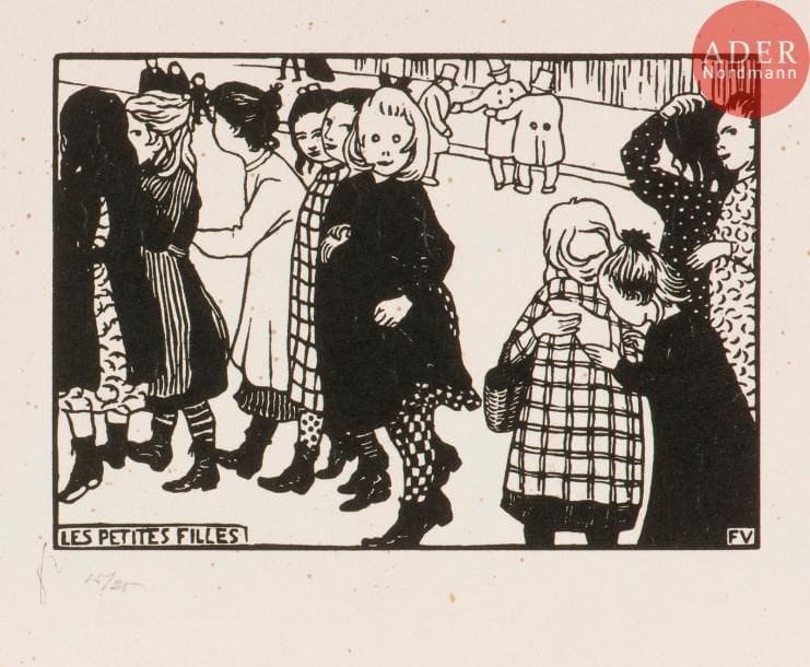 Félix Vallotton (1865-1925)
Les Petites filles. 1893. Bois gravé. 200 x 140. Vallotton et Goerg 129. Belle épreuve du tirage posthume à 25 épreuves sur japon blanc mince, timbrée et numérotée, collée en plein sur carton, avec courts plis épars consécutifs. Semis de rousseurs. Belles marges.