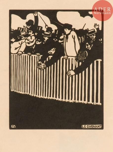 Félix Vallotton (1865-1925)
Le Gagnant. 1898. Bois gravé. 178 x 224. Vallotton et Goerg 201 c ; Johnson 146. Très belle et fraîche épreuve sur japon, non signée comme à l’ordinaire. Très claire oxydation et petites rousseurs aux bords du feuillet. Toutes marges non ébarbées. A. Vollard éd.