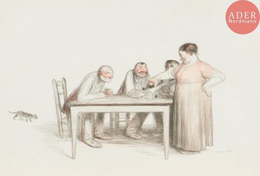 Jean Veber (1864-1928)
Le Verre de vin. 1905. Lithographie. 280 x 155. Veber et Lacroix 87. Impression en deux tons. Belle épreuve sur vélin blanc, soigneusement lavée, signée et numérotée au crayon. Fine bande d’oxydation persistante sur le pourtour du feuillet au recto. Courte déchirure restaurée au verso en tête. Toutes marges (celle du haut irrégulière). Tirage à 180 épreuves.