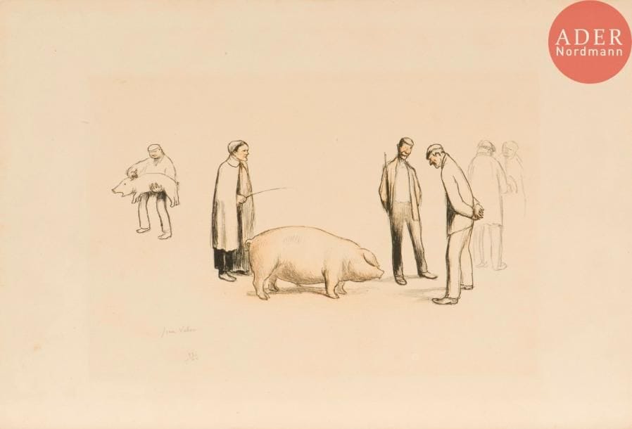 Jean Veber (1864-1928)
Coin de foire (Saint Jean-de-Luz). 1913. Lithographie. 240 x 100. Veber et Lacroix 98. Impression en couleurs. Belle épreuve sur vélin fort, fortement oxydée au verso, numérotée et signée au crayon. Très claire oxydation autour du sujet. Toutes marges. Tirage à 40 épreuves.