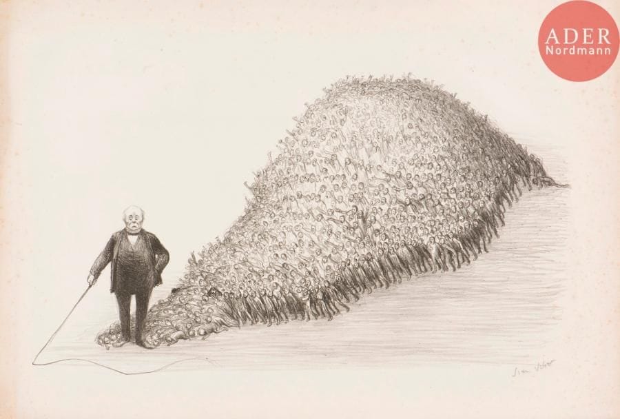 Jean Veber (1864-1928)
Le Dompteur, ou Clemenceau et la Chambre, ou La Chambrière. 1909. Lithographie. 440 x 245. Veber et Lacroix 122. Belle épreuve sur vélin, signée au crayon. Rousseurs et empoussiérage aux bords du feuillet. Toutes marges. Tirage à une cinquantaine d’épreuves.