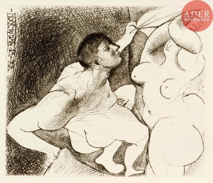 Pablo Picasso (1881-1973)
Homme dévoilant une femme. (Suite Vollard, pl. 5). 1931. Eau-forte. 297 x 369. Bloch 138 ; Baer 203. Parfaite épreuve sur vergé de Montval filigrané « Picasso », du tirage à 260 épreuves à petites marges, non signée. Timbre sec : H. Petiet éditeur Paris (Lugt 2021a).