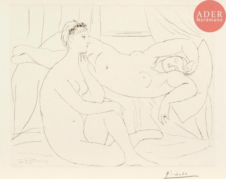 Pablo Picasso (1881-1973)
Deux femmes se reposant. (Suite Vollard, pl. 10). 1931. Pointe sèche. 368 x 298. Bloch 143 ; Baer 210. Parfaite épreuve sur vergé de Montval filigrané « Vollard », du tirage à 260 épreuves à petites marges, signée au crayon.