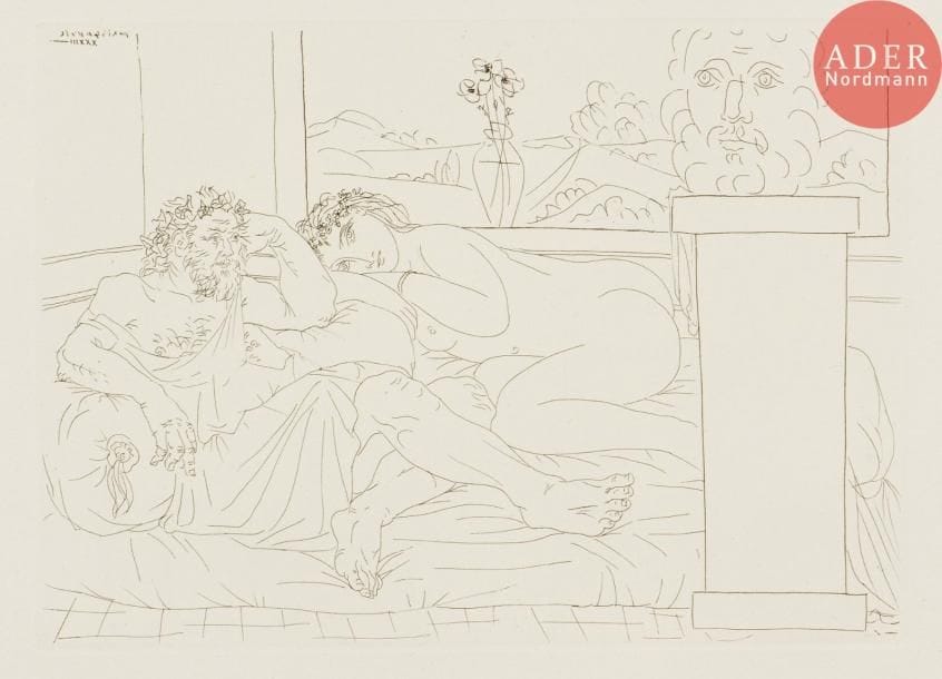 Pablo Picasso (1881-1973)
Le Repos du sculpteur. (Suite Vollard, pl. 65). 1933. Eau-forte. 268 x 194. Bloch 174 ; Baer 327. Parfaite épreuve sur vergé de Montval filigrané « Picasso », du tirage à 260 épreuves à petites marges, non signée. Timbre sec : H. Petiet éditeur Paris (Lugt 2021a).