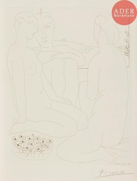 Pablo Picasso (1881-1973)
Trois femmes nues et une coupe d’anémones. (Suite Vollard, pl. 67). 1933. Eau-forte. 298 x 367. Bloch 176 ; Baer 329. Parfaite épreuve sur vergé de Montval filigrané « Picasso », du tirage à 260 épreuves à petites marges, signée au crayon.