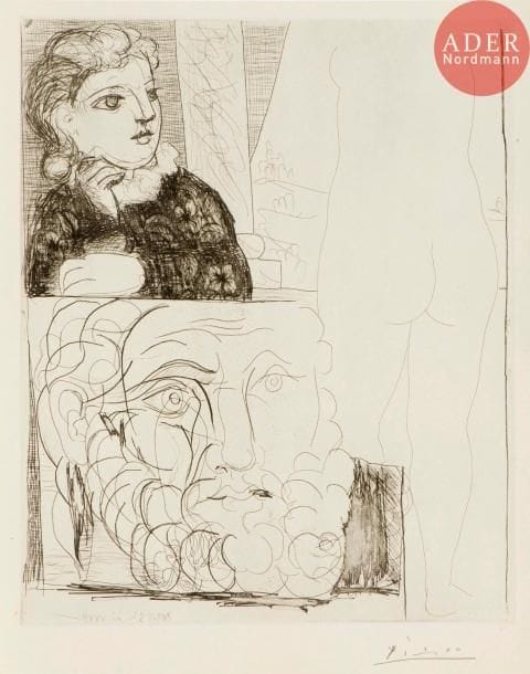 Pablo Picasso (1881-1973)
Femme accoudée, sculpture de dos et tête barbue. (Suite Vollard, pl. 71). 1933. Eau-forte. 298 x 367. Bloch 184 ; Baer 343. Parfaite épreuve sur vergé de Montval filigrané « Vollard », du tirage à 260 épreuves à petites marges, signée au crayon. Timbre de la collection H.-M. Petiet (Lugt 5031).
