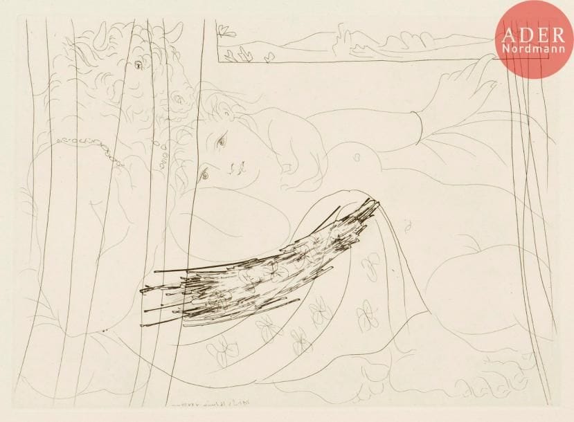 Pablo Picasso (1881-1973)
Minotaure et femme derrière un rideau. (Suite Vollard, pl. 91). 1933. Eau-forte. 266 x 190. Bloch 199 ; Baer 367. Parfaite épreuve sur vergé de Montval filigrané « Picasso », du tirage à 260 épreuves à petites marges, non signée. Timbre sec : H. Petiet éditeur Paris (Lugt 2021a).