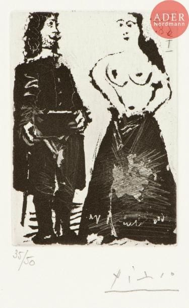 Pablo Picasso (1881-1973)
Gentilhomme et maja. (Les 347, pl. 136). Aquatinte au sucre, grattoir et pointe sèche. 59 x 82. Bloch 1616 ; Baer 1632. Parfaite épreuve sur vélin, numérotée et signée au crayon. Toutes marges non ébarbées. Tirage à 50 épreuves pour la galerie Louise Leiris.