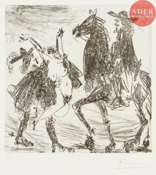 Pablo Picasso (1881-1973)
Enlèvement II. (Les 347, pl. 221). 1968. Eau-forte. 312 x 312. Bloch 1701 ; Baer 1717. Parfaite épreuve sur vélin filigrané « BFK », numérotée et signée au crayon. Toutes marges non ébarbées. Tirage à 50 épreuves pour la galerie Louise Leiris.