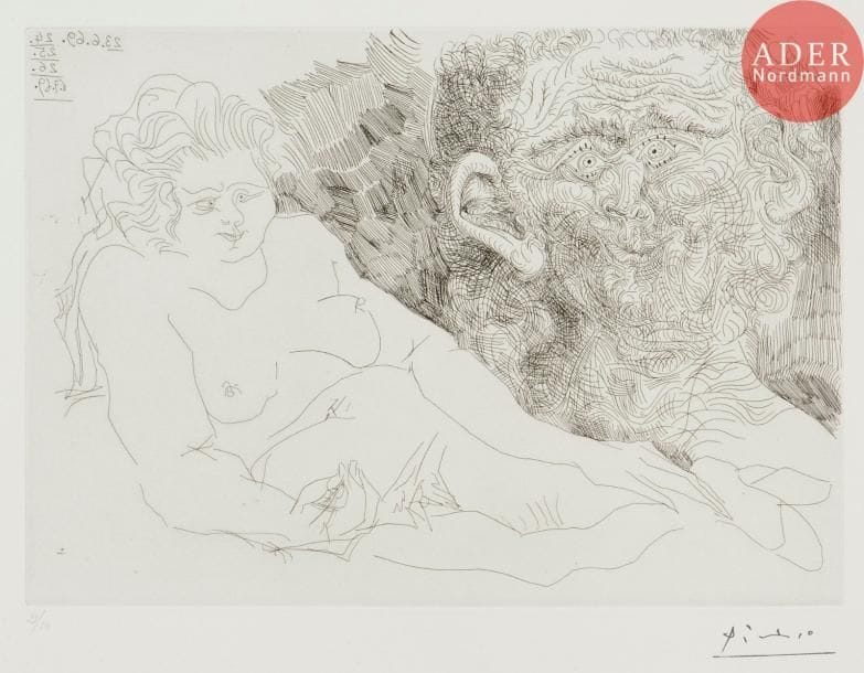 Pablo Picasso (1881-1973)
Vieux peintre et vieux modèle. (Les 156, pl. 2). 1969. Eau-forte. 323 x 227. Bloch 1459 ; Baer 1862. Parfaite épreuve sur vélin, numérotée et timbrée (Lugt 2026e). Toutes marges. Tirage à 50 épreuves pour la galerie Louise Leiris en 1978.