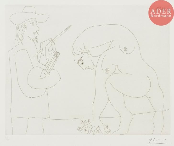 Pablo Picasso (1881-1973)
Peintre et femme cueillant des fleurs. (Les 156, pl. 56). 1970. Eau-forte. 347 x 270. Bloch 1911 ; Baer 1917. Parfaite épreuve sur vélin, numérotée et timbrée (Lugt 2026e). Toutes marges. Tirage à 50 épreuves pour la galerie Louise Leiris en 1978.