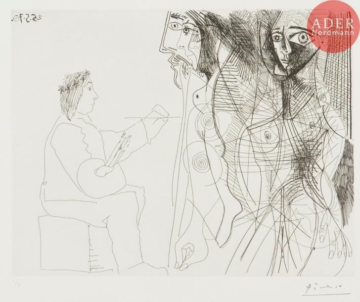 Pablo Picasso (1881-1973)
Le Peintre et la femme. (Les 156, pl. 57). 1970. Eau-forte. 347 x 270. Bloch 1912 ; Baer 1918. Parfaite épreuve sur vélin, numérotée et timbrée (Lugt 2026e). Toutes marges. Tirage à 50 épreuves pour la galerie Louise Leiris en 1978.