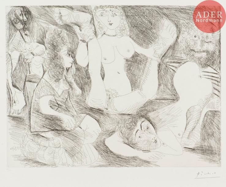 Pablo Picasso (1881-1973)
Bain de minuit, femmes surprises par un marin hilare (Les 156, pl. 123). 1971. Eau-forte. 490 x 365. Bloch 1978 ; Baer 1987. Très belle épreuve sur vélin, numérotée et timbrée (Lugt 2026e). Plusieurs courts plis cassés verticaux à l’extrême bord droit du feuillet. Toutes marges. Tirage à 50 épreuves pour la galerie Louise Leiris en 1978.