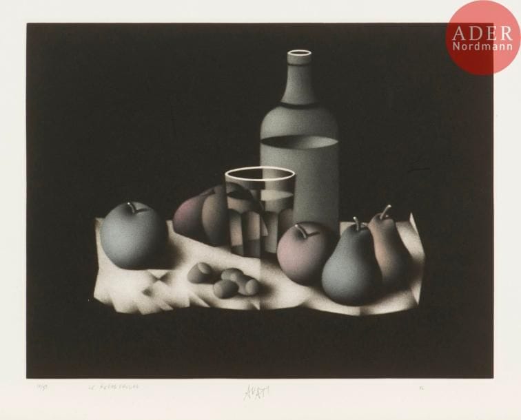 Mario Avati (1921-2009)
Le Repas frugal. 1982. Manière noire. 375 x 290. Impression en couleurs. Parfaite épreuve sur vélin, numérotée, titrée, signée et datée au crayon. Toutes marges. Tirage à 85 épreuves.