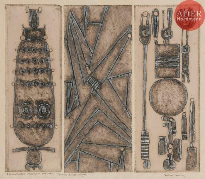 Pierre Courtin (1921-2012)
Propriété foncière. 8 novembre 1967. Gravure au burin (échoppe) sur trois plaques de zinc assemblées côte à côte verticalement. [435 x 335]. Rivière 366. Impression en couleurs. Très belle et fraîche épreuve sur vélin texturé, datée, titrée, annotée « épreuve d’etat unique » et signée au crayon. Toutes marges. Très rare. Tirage à 5 épreuves. Cadre.