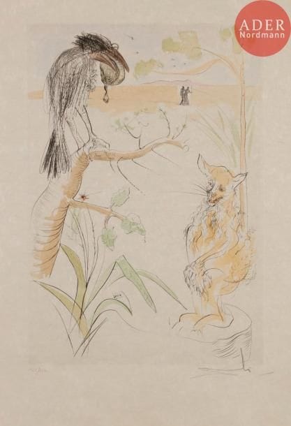 Salvador Dalí (1904-1989)
Le Bestiaire de La Fontaine dalinisé. Robert Mouret, éditions des Maîtres Contemporains, 1974. Un album in-plano [830 x 610] contenant 12 gravures à la pointe sèche coloriées au pochoir (le portrait de La Fontaine en noir). Michler et Löpsinger 653-664. Très belles et fraîches épreuves sur japon nacré, numérotées et signées au crayon (numérotation non homogène). Manquent le titre, le justificatif de tirage et la table. Portefeuille de l’éditeur en velours beige avec titre doré au 1er plat, deux fermoirs avec bouton pression.