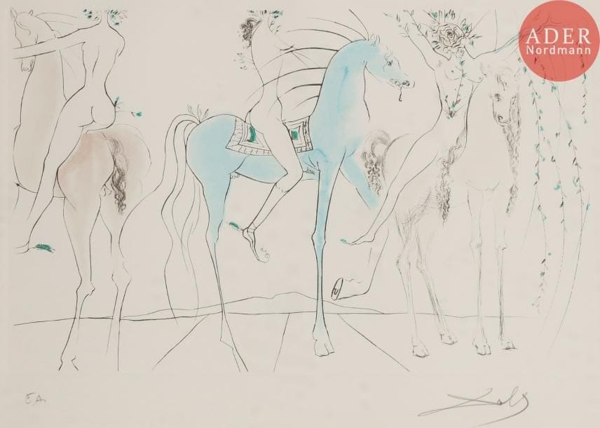 Salvador Dalí (1904-1989)
Hamadryades mimétiques arborescentes. 1971. Pointe sèche et aquatinte. 485 x 310. Michler et Löpsinger 465. Impression en couleurs. Très belle épreuve sur vélin blanc fort, justifiée « E.A. » et signée au crayon. Marges. Éd. de Francony. Cadre.