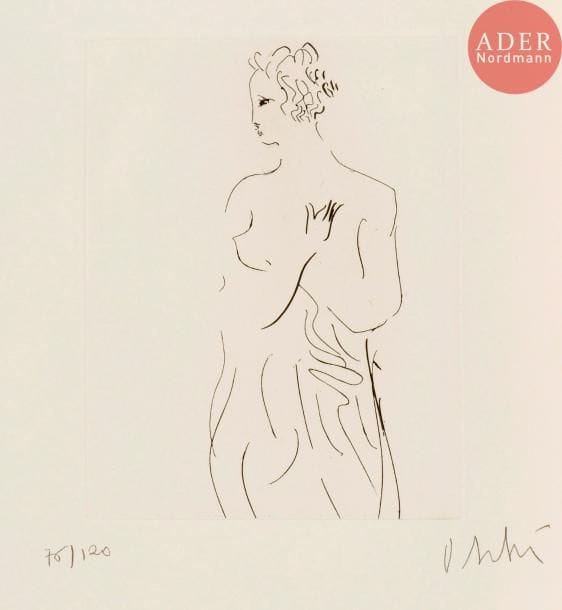 Olivier Debré (1920-1999)
Femme à la draperie. Vers 1950. Eau-forte. 158 x 195. Pernoud non décrit. Réunion de 2 très belles épreuves sur vélin, numérotées et signées au crayon. Traces de plis souples aux bords du feuillet et petites salissures (traces de doigts) à une pl. Toutes marges. Tirage à 120 épreuves.