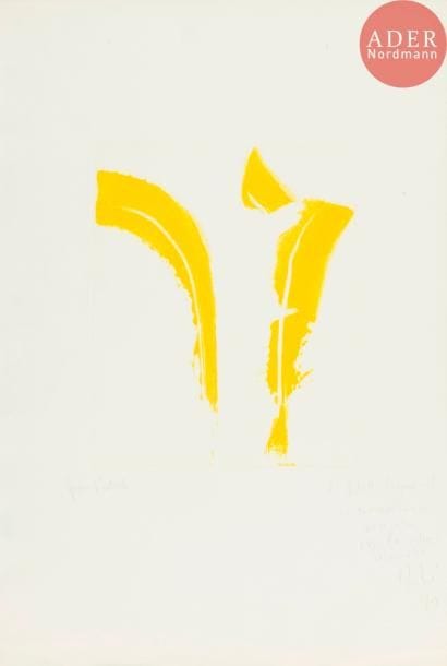 Olivier Debré (1920-1999)
Signe-personnage. 1970. Gravure au carborundum. 218 x 265. Pernoud 81. Impression en jaune. Très belle épreuve sur vélin blanc, annotée « Epreuve d’artiste », dédicacée : « A Odette L[…] / en reconnaissance / de peintre / avec la couleur / de l’amitié / O. Debré / 1970 ». Courts plis de manipulation épars. Toutes marges.