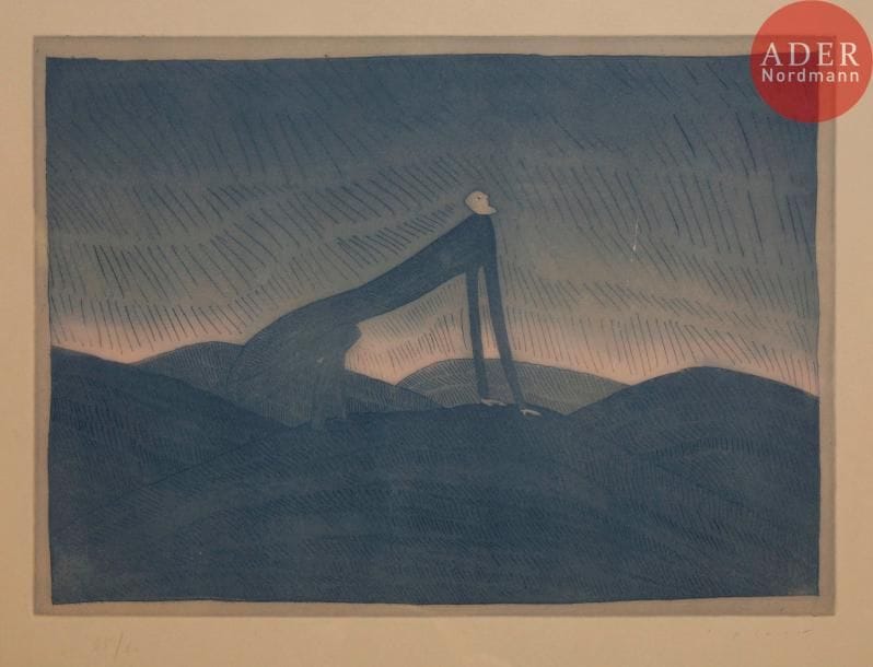 Jean-Michel Folon (1934-2005)
Homme à quatre pattes au crépuscule. Vers 1980. Eau-forte et aquatinte. 340 x 245. Impression en couleurs. Très belle épreuve sur vélin, oxydée, numérotée et signée au crayon. Toutes marges. Tirage à 60 épreuves. Cadre.