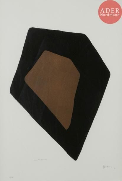 Lucio Fontana (1899-1968)
Concetto spaziale (brun et noir). 1951. Lithographie. [338 x 498]. Impression en couleurs. Très belle épreuve sur vélin blanc fort, numérotée, titrée, signée et datée au crayon. Toutes marges. Tirage à 100 épreuves. Timbres de l’éditeur au verso. Cadre.