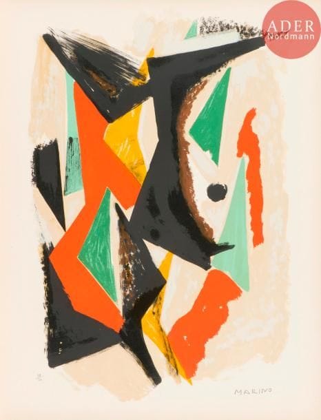 Marino Marini (1901-1980)
Composizione. 1955. Lithographie. 410 x 616. Guastalla L 58. Impression en couleurs. Très belle épreuve sur vélin blanc, numérotée et signée au crayon. Très claire trace d’oxydation aux bords du feuillet. Toutes marges. Tirage à 50 épreuves. Berggruen éd.