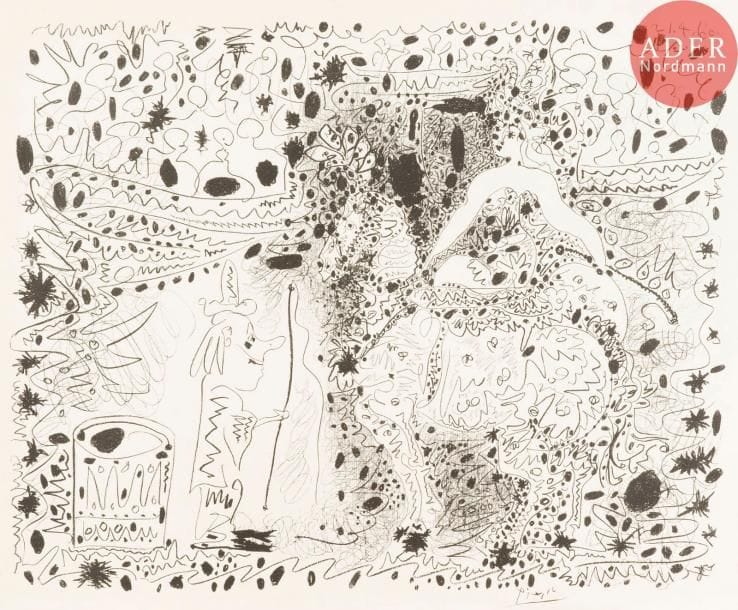 Pablo Picasso (1881-1973)
L’Écuyère. 1960. Autographie. 640 x 500. Mourlot 333 ; Bloch 999 ; Güse-Rau 699. Très belle épreuve sur vélin, du tirage à nombre pour le journal Le Patriote (Nice). Courts plis cassés dans les angles et aux bords du feuillet. Toutes marges.