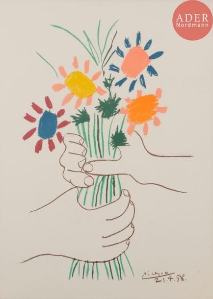 Pablo Picasso (1881-1973) (d’après)
La Paix (mains et bouquet de fleurs). 1958. Lithographie (tirage offset). À vue : 485 x 640. Impression en couleurs. Czwiklitzer 130. Très belle et fraîche épreuve sur vélin blanc, du tirage avant lettre de l’affiche. Toutes marges. Timbre sec dans l’angle inférieur droit : « Combat pour la paix » et « Copyright S.P.A.D.E.M. Paris ». Cadre.