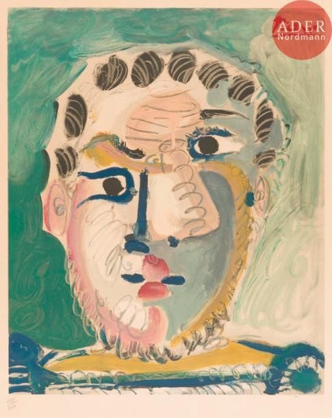 Pablo Picasso (1881-1973) (d’après)
Tête d’homme barbu. Vers 1967. Procédé photomécanique (reproduction) d'après une gravure de Crommelynck.  425 x 520. Impression en couleurs. Belle épreuve sur vélin, oxydée, numérotée au crayon, collée sur carton par les bords au moyen de bandes de papier gommé au recto. Belles marges. Tirage à 200 épreuves.