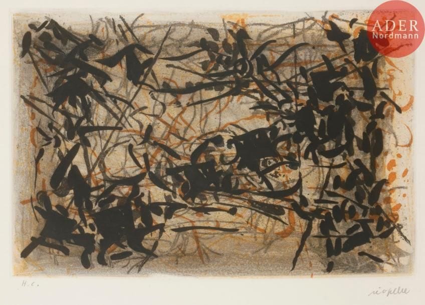 Jean-Paul Riopelle (1923-2002)
Combat. 1967. Aquatinte. 292 x 193. Riopelle 27.est.gr. Impression en couleurs. Très belle épreuve sur vélin, justifiée « H.C. » et signée au crayon. Toutes marges. Tirage définitif à 75 épreuves. Maeght éd. Cadre.