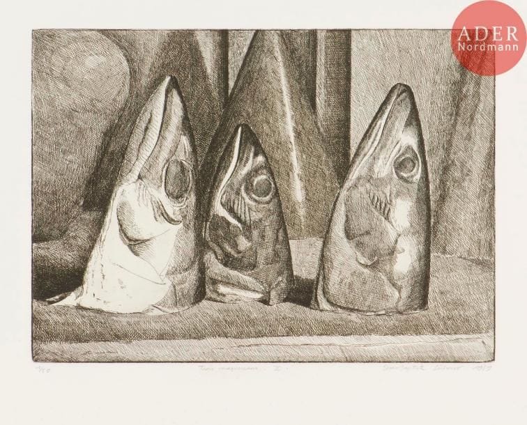 Jean-Baptiste Sécheret (né en 1957)
Trois maquereaux II. 1989. Eau-forte. 373 x 265. Plumart G 45. Très belle épreuve sur vélin, numérotée, titrée, signée et datée au crayon. Toutes marges. Tirage à 50 épreuves.