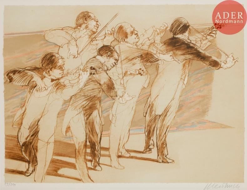 Claude Weisbuch (1927-2014)
Cinq violonistes ; Groupe d’homme d’après Rembrandt ; Homme armé d’un couteau. Photolithographie. Chaque [800 x 980] (cadre). Impression en couleurs. Très belles épreuves sur vélin blanc grenu, numérotées et signées au crayon. Marges. Tirage à 250 épreuves. Cadres. Ens. 3 p.