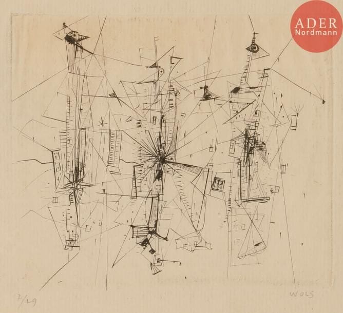 Otto Wols (Otto Alfred Wolfgang Schulze, dit) (1913-1951)
Composition. Vers 1942-1951. Pointe sèche. 115 x 96. Très belle et rare épreuve sur vergé mince ivoire, numérotée et signée au crayon. Traces de plis marginaux. Infimes rousseurs et taches claires. Un point de rouille plus marqué au bord droit du feuillet. Toutes marges. Tirage à 29 épreuves. Cadre.