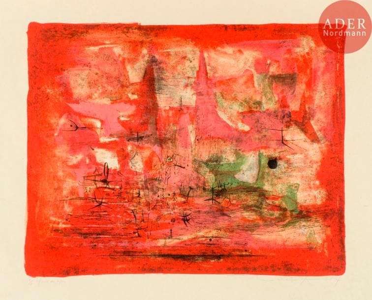 Zao Wou-Ki (1920-2013)
Embrasement. 1954. Lithographie. 485 x 390. Ågerup 91. Impression en couleurs. Très belle épreuve sur japon, justifiée « 2/5 épreuve sur japon », signée et datée au crayon. Courts plis de manipulation aux bords du feuillet. Tirage définitif à 200 épreuves. L’œuvre gravée éd., Zurich.
