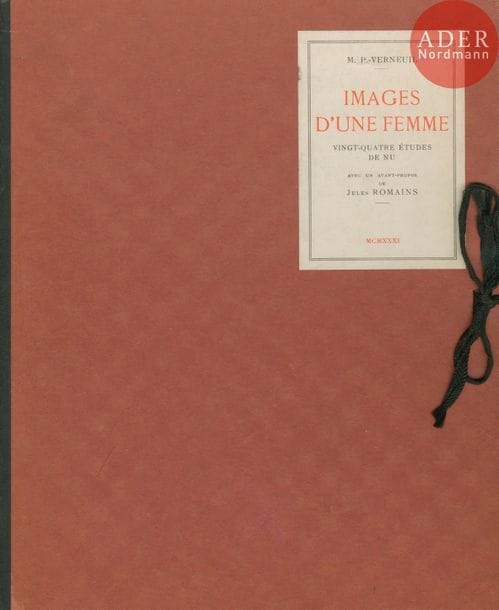 VERNEUIL, M. P. (1869-1942)
Images d’une femme. 
Denoël & Steele, Paris, 1931.
In-8 (30,5 x 23,5 cm). Édition originale, limitée à 1100 ex. 16 pp. et 24 planches héliogravées. Avant-propos de Jules Romains. Portfolio cartonné avec lacet de fermeture et étiquette de titre en couverture. 
Réf. Auer, p. 180 ; Bertolotti, pp. 90-91.