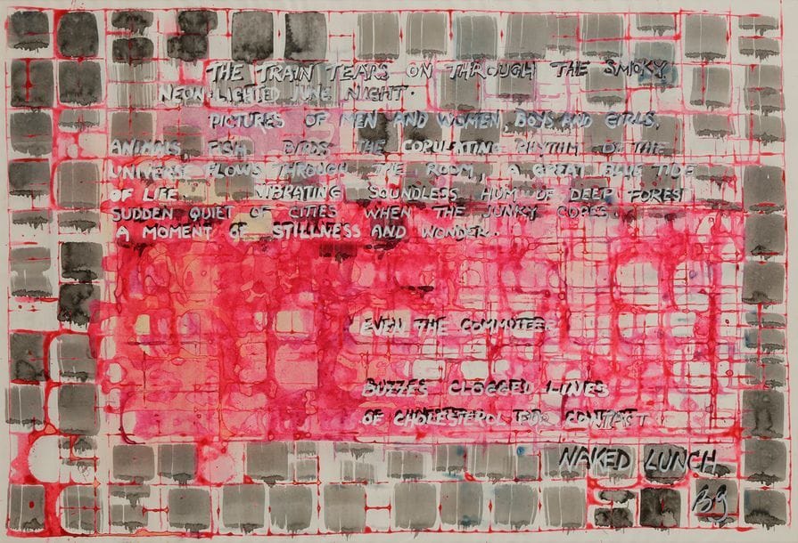 Brion GYSIN [britano-canadien] (1919-1986)
Naked lunch, vers 1970-75
Encre et encre de couleurs.
Monogrammée en bas à droite.
36.5 x 53.5 cm