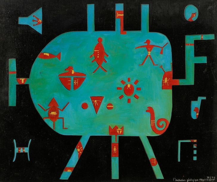 Albert DUPONT (né en 1951)
L’Inclusion géologique, 1976
Huile sur toile.
Signée, datée et titrée en bas à droite.
54 x 65 cm

Exposition : 
Le Demi-siècle lettriste, Galerie 1900-2 000, Paris, du 11 avril au 7 mai 1988, n°38 du catalogue. 