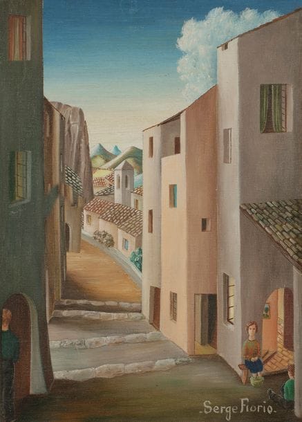 Serge FIORIO (1911-2011)
Le Brusquet, 1974
Huile sur toile.
Signée en bas à droite.
Titrée et datée au dos.
33 x 24 cm

Provenance :
Galerie Albert 1er, Bruxelles (étiquette au dos).

Exposition :
Serge Fiorio, Galerie Albert 1er, Bruxelles, 1974.

« Les intérieurs de village sont l’un de ses sujets de prédilection qu’il renouvela sans cesse au fil du temps. Il fut régulièrement le peintre de cette paisible vie villageoise qu’il mena lui-même aussi bien à Taninges qu’ensuite à Montjustin, s’amusant en douce sur ce tableau à faire prendre un bain de pieds sur le pas de la porte à l’un de ses personnages. Ce qui n’empêche pas la rigueur de composition, ni la délicatesse des accords de couleurs. » André Lombard, septembre 2018.