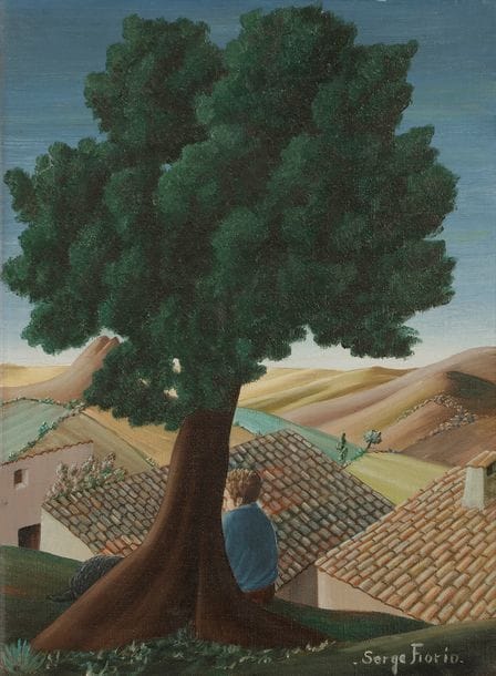 Serge FIORIO (1911-2011)
L’Ouberle, 1974
Huile sur toile.
Signée en bas à droite.
Titrée et datée au dos.
33 x 24 cm

Provenance :
Galerie Albert 1er, Bruxelles.

Exposition :
Serge Fiorio, Galerie Albert 1er, Bruxelles, 1974.

 « Qu’il soit sauvage ou fruitier, souvent tutélaire comme il l’est ici, l’arbre est très présent tout au long de l’œuvre de Serge Fiorio qui racontait toujours volontiers que c’est au pied de l’un d’entre eux qu’enfant, assis en tailleur, crayon en main, il en reçut sa première leçon de dessin en voulant l’impossible : en représenter à tout prix chacune des feuilles ! » André Lombard, septembre 2018.