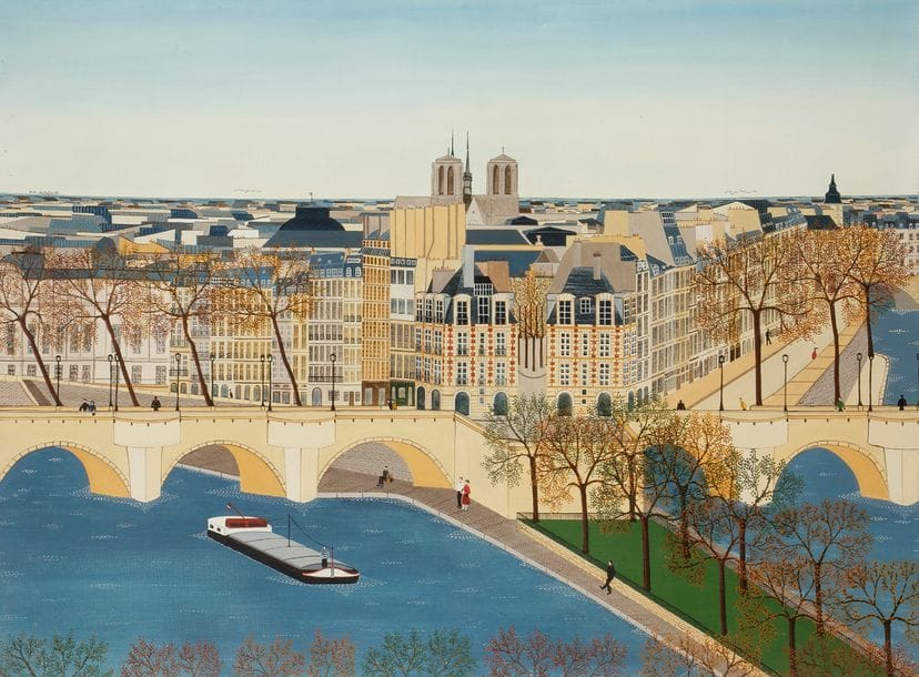 Anne-Marie SABATIER (né en 1947)
Paris, Notre-Dame, la Seine, les toits, 1980
Huile sur toile.
Signée et datée sur la droite.
73 x 100 cm