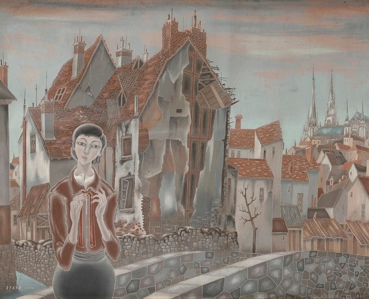 Foussa ITAYA [japonais-français] (né en 1919)
Femme au ruban devant une ville, 1955
Huile sur carton.
Signée et datée en bas à gauche.
72 x 89 cm