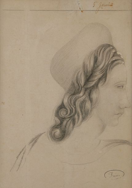 MADAME FAVRE (Active au XIXe siècle)
Jeune homme de profil, vers 1858-60
Mine de plomb.
Porte le cachet de la signature en bas à droite.
Annoté «5 janvier» en haut à droite.
23 x 16.5 cm

Nous ne savons que très peu de choses au sujet de Madame Favre. Ses dessins, réalisés entre 1858 et 1860, ont été retrouvés dans les années 1970 dans la bibliothèque d’un adepte du spiritisme sous la forme d’un cahier portant l’inscription : « talent naturel de Mme Favre «. Ses œuvres sont présentes dans La Collection de l’Art Brut à Lausanne et dans la collection ABCD.