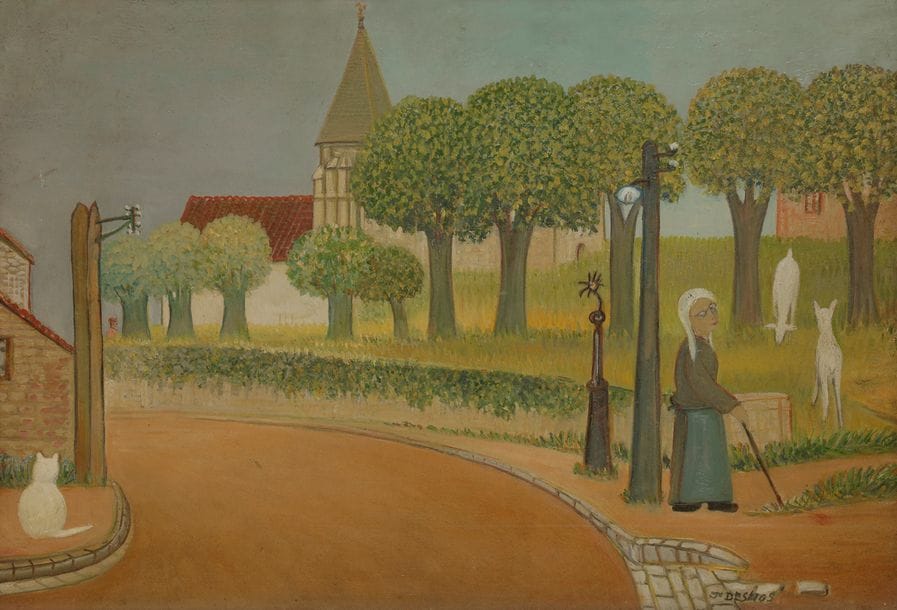 Ferdinand DESNOS (1901-1958)
Vieille femme aux chèvres
Huile sur panneau.
Signée en bas à droite.
38 x 55 cm

Exposition :
Ferdinand Desnos, Musée d’Art Naïf Anatole Jacovsky, Nice, 29 juin 1993 - 30 septembre 1993 (étiquette sur le cadre).

Au dos : Péniches sur le fleuve, huile, signée.