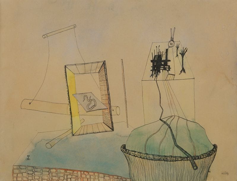 Alfred Otto Wolfgang SCHULZE dit WOLS (1913-1951)
Le Serpent encadré, 1939-40
Encre et aquarelle.
Signée en bas à droite.
Annotée au dos.
23.5 x 31 cm

Provenance :
Gréty Wols, Paris.

Expositions :
- Wols, Galerie Raeber, Luzern, 1967, n°22.
- Wols (1913-1951), Paris, Rennes, Caen, 1974, n°47.

Bibliographie :
- Shigeo Chiba, L’Oeuvre de Wols, Thèse d’Université de Paris I, 1974, S.141.
- Claire van Damme, Kunst al Catharsis en Psychogenese, (...), Gent, 1985, n°64.
- Phillip Gutbrod, Wols, Die Arbeiten auf Papier (Werkverzeichnis) Diss. phil. Universität Heidelberg, 2003, n°A 88.

Un certificat du Docteur Ewald Rathke en date du 10 septembre 2018 sera remis à l’acquéreur. 