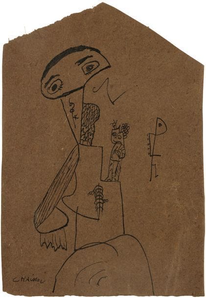 Gaston CHAISSAC (1910-1964)
Personnages, 1947
Encre sur papier bistre.
Signée en bas à gauche.
22 x 15 cm

Nous remercions Monsieur Thomas Le Guillou d’avoir confirmé l’authenticité de cette œuvre. 