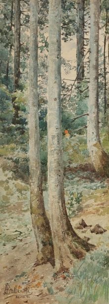 Augusto BALLERINI (1857-1902)
Sous-bois, 1896
Aquarelle.
Signée et datée en bas à droite.
33 x 12 cm