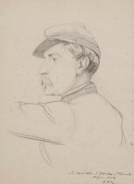 Armand DUMARESQ (1826-1895)
Le Capitaine d'État Major Foucauld, 1858
Crayon noir.
Titré, situé, daté et monogrammé en bas à droite Alger 1858 .
(Collé en plein sur son montage). 
26,3 x 19,5 cm