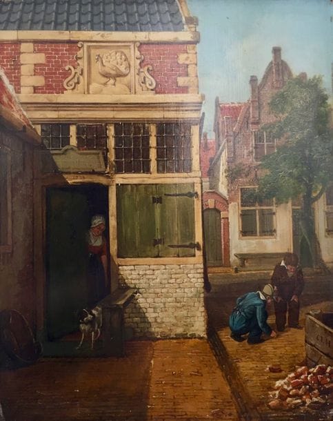 ÉCOLE FLAMANDE début XXème
Jeu de billes, 1903
Huile sur panneau.
Monogrammée C.L.H en bas à droite.
35 x 28 cm